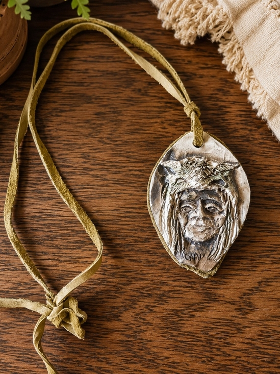 Handmade Jewelry - Vintage Signed Artisan Relief Pendant Leather Suede Necklace Tribal Boho